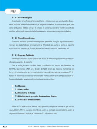 SESI/SP – Manual de Segurança e Saúde no Trabalho (Indústria do Vestuário)
122
PPRA
■ C. Risco Biológico
As avaliações foram feitas de forma qualitativa e foi observado que nas atividades do pro-
cesso produtivo principal não há exposição a agentes biológicos. Nos serviços de apoio, tais
como: ambulatório médico, serviços de limpeza de sanitários, refeitório, vestiário e coleta de
resíduos sólidos pode ocorrer trabalhadores expostos a determinados agentes biológicos.
■ D. Risco Ergonômico
Os setores avaliados qualitativamente podem apresentar situações ergonômicas desfa-
voráveis aos trabalhadores, principalmente a dificuldade de ajuste no posto de trabalho
considerando a manutenção de uma postura fixa (trabalho sentado, trabalho em pé).
■ E. Risco de Acidente
O nível de iluminância é uma variável que abaixo do adequado pode influenciar na ocor-
rência de acidentes de trabalho.
Para a avaliação desta variável foram considerados os valores estabelecidos na
NR 17.5.3 que remete a NBR 5413 de abril de 1992. O item 5.3 classifica Iluminância em
lux, por tipo de atividade, sendo que a indústria do vestuário encontra-se no subitem 5.3.53.
Postos de trabalho avaliados não contemplados neste subitem foram comparados com va-
lores estabelecidos para outros tipos de atividade nos subitens:
■ 5.3.3 bancos;
■ 5.3.14 escritórios;
■ 5.3.43 indústria de fumos;
■ 5.3.45 indústrias de gravação de desenhos e dizeres;
■ 5.3.57 locais de armazenamento.
O item 5.2 da NBR 5413 de abril de 1992 apresenta, seleção de iluminação que tem no
seu subitem 5.2.4 três níveis de iluminância, porém na avaliação apresentada no quadro a
seguir consideramos a explicação contida em 5.2.4.1 valor do meio.
 
