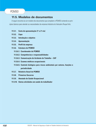 SESI/SP – Manual de Segurança e Saúde no Trabalho (Indústria do Vestuário)
132
PCMSO
11.5. Modelos de documentos
A seguir encontra-se um modelo dos documentos que compõem o PCMSO contendo os prin-
cípios básicos para atender as necessidades da empresa Indústria do Vestuário Roupa Feliz.
11.5.1. Carta de apresentação (1a
e 2a
via)
11.5.2. Capa
11.5.3. Introdução e objetivo
11.5.4. Apresentação
11.5.5. Perfil da empresa
11.5.6. Estrutura do PCMSO
11.5.6.1. Coordenador do PCMSO
11.5.6.2. Competências e responsabilidades
11.5.6.3. Comunicação de Acidente de Trabalho – CAT
11.5.6.4. Exames médicos ocupacionais
11.5.6.5. Controle biológico para riscos ambientais por setores, funções e
periodicidade
11.5.7. Relatório Anual do PCMSO
11.5.8. Primeiros Socorros
11.5.9. Atestado de Saúde Ocupacional
11.5.10. Outras atividades em saúde do trabalhador
 