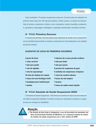 SESI/SP – Manual de Segurança e Saúde no Trabalho (Indústria do Vestuário) 153
PCMSO
Foram realizados 114 exames ocupacionais neste ano. O previsto para ser realizado nos
próximos doze meses são 105 exames periódicos. Destes exames, os setores de almoxari-
fado de tecidos e aviamentos, enfesto e corte, estamparia, costura, lavanderia, acabamen-
to, passadoria, etiquetagem, embalagem e expedição apresentaram resultados anormais.
■ 11.5.8. Primeiros Socorros
O material de primeiros socorros deverá estar disponível de acordo com as característi-
cas da atividade desenvolvida na empresa, armazenado em local adequado e aos cuidados
de pessoa treinada.
SUGESTÃO DE CAIXA DE PRIMEIROS SOCORROS
3 pares de luvas 1 máscara de ar para parada cardíaca
1 colar cervical 1 tala para dedo
1 tala para punho 1 tala para perna
1 rolo de algodão 5 pacotes de compressa de gaze
1 rolo de esparadrapo 5 unidades de compressas cirúrgicas
10 rolos de atadura de crepom 1 caixa de curativo adesivo
1 frasco de soro fisiológico 0,9% 1 frasco de anti-séptico
1 bandagem para imobilização 1 tesoura
1 maleta 1 frasco de sabão neutro líquido
■ 11.5.9. Atestado de Saúde Ocupacional (ASO)
O Atestado de Saúde Ocupacional - ASO deverá ser emitido em duas vias para cada exa-
me médico ocupacional realizado. A primeira via deve ser arquivada na empresa e a segun-
da deve ser entregue ao trabalhador.
Atenção
✓No Estado de São Paulo é obrigatório o uso do formulário de atestados mé-
dicos da Associação Paulista de Medicina, ou o impresso próprio do atesta-
do médico de saúde ocupacional com o selo médico da APM.
 