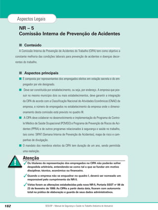 NR – 5
Comissão Interna de Prevenção de Acidentes
■ Conteúdo
A Comissão Interna de Prevenção de Acidentes do Trabalho (CIPA) tem como objetivo a
constante melhoria das condições laborais para prevenção de acidentes e doenças decor-
rentes do trabalho.
■ Aspectos principais
■ É composta por representantes dos empregados eleitos em votação secreta e do em-
pregador por ele designado.
■ Deve ser constituída por estabelecimento, ou seja, por endereço. A empresa que pos-
suir no mesmo município dois ou mais estabelecimentos, deve garantir a integração
da CIPA de acordo com a Classificação Nacional de Atividades Econômicas (CNAE) da
empresa, e número de empregados no estabelecimento da empresa onde o dimensi-
onamento desta comissão está previsto no quadro III.
■ A CIPA deve colaborar no desenvolvimento e implementação do Programa de Contro-
le Médico de Saúde Ocupacional (PCMSO) e Programa de Prevenção de Riscos de Aci-
dentes (PPRA) e de outros programas relacionados à segurança e saúde no trabalho,
tais como: SIPAT (Semana Interna de Prevenção de Acidentes), mapa de risco e cam-
panhas de divulgação.
■ O mandato dos membros eleitos da CIPA tem duração de um ano, sendo permitida
uma reeleição.
SESI/SP – Manual de Segurança e Saúde no Trabalho (Indústria do Vestuário)
182
Aspectos Legais
Atenção
✓Os titulares da representação dos empregados na CIPA não poderão sofrer
despedida arbitrária, entendendo-se como tal a que se fundar em motivo
disciplinar, técnico, econômico ou financeiro.
✓Quando a empresa não se enquadrar no quadro I, deverá ser nomeado um
responsável pelo cumprimento da NR-5.
✓Várias foram as alterações estabelecidas pela nova NR-5, Portaria SSST no
08 de
23 de fevereiro de 1999. As CIPAs a partir desta data, ficaram com autonomia
total na prática de elaboração e guarda de seus dados administrativos.
 