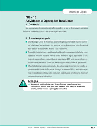 NR – 15
Atividades e Operações Insalubres
■ Conteúdo
São consideradas atividades ou operações insalubres as que se desenvolvem acima dos
limites de tolerância ou assim caracterizadas pela autoridade.
■ Aspectos principais
■ Entende-se por Limite de Tolerância, a concentração ou intensidade máxima ou míni-
ma, relacionada com a natureza e o tempo de exposição ao agente, que não causará
dano à saúde do trabalhador, durante a sua vida laboral.
■ O exercício de trabalho em condições de insalubridade, assegura ao trabalhador a per-
cepção de adicional, incidente sobre o salário mínimo da região, equivalente a: 40%
(quarenta por cento), para insalubridade de grau máximo, 20% (vinte por cento), para in-
salubridade de grau médio e 10% (dez por cento), para insalubridade de grau mínimo.
■ É facultado às empresas e aos sindicatos das categorias profissionais interessadas re-
quererem ao Ministério do Trabalho e Emprego, através das DRTs, a realização de pe-
rícia em estabelecimento ou setor deste, com o objetivo de caracterizar e classificar
ou determinar atividade insalubre.
SESI/SP – Manual de Segurança e Saúde no Trabalho (Indústria do Vestuário) 193
Aspectos Legais
Atenção
✓No caso de incidência de mais de um fator de insalubridade, será
considerado apenas o de grau mais elevado, para efeito de acréscimo
salarial, sendo vedada a percepção cumulativa
 