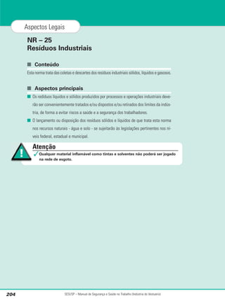 NR – 25
Resíduos Industriais
■ Conteúdo
Esta norma trata das coletas e descartes dos resíduos industriais sólidos, líquidos e gasosos.
■ Aspectos principais
■ Os redíduos líquidos e sólidos produzidos por processos e operações industriais deve-
rão ser convenientemente tratados e/ou dispostos e/ou retirados dos limites da indús-
tria, de forma a evitar riscos a saúde e a segurança dos trabalhadores.
■ O lançamento ou disposição dos resíduos sólidos e líquidos de que trata esta norma
nos recursos naturais - água e solo - se sujeitarão às legislações pertinentes nos ní-
veis federal, estadual e municipal.
SESI/SP – Manual de Segurança e Saúde no Trabalho (Indústria do Vestuário)
204
Aspectos Legais
Atenção
✓Qualquer material inflamável como tintas e solventes não poderá ser jogado
na rede de esgoto.
 