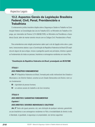 13.2. Aspectos Gerais da Legislação Brasileira
Federal, Civil, Penal, Previdenciária e
Trabalhista
O ordenamento jurídico brasileiro dispõe sobre a Segurança e Saúde no Trabalho na Cons-
tituição Federal, na Consolidação das Leis do Trabalho (CLT), no Ministério do Trabalho e Em-
prego, por intermédio da Portaria 3.214 (08/06/1978), no Ministério da Previdência e Assis-
tência Social, além de manter estreito vínculo com os Códigos Civil, Previdenciário e Penal.
Para entendermos esta relação precisamos saber qual o elo de ligação entre eles e, para
tanto, transcrevemos abaixo o que a Constituição da República Federativa do Brasil (CF) expli-
cita em alguns de seus artigos, incisos e parágrafos quanto aos princípios, direitos e garanti-
as fundamentais de todas as pessoas, brasileiras e estrangeiras residentes em nosso País.
“Constituição da República Federativa do Brasil, promulgada em 05/10/1988.
TÍTULO I
DOS PRINCÍPIOS FUNDAMENTAIS
Art. 1º A República Federativa do Brasil, formada pela união indissolúvel dos Estados e
Municípios e do Distrito Federal, constitui-se em Estado Democrático de Direito e tem co-
mo fundamentos:
III – dignidade da pessoa humana;
IV – os valores sociais do trabalho e da livre iniciativa;
TÍTULO II
DOS DIREITOS E GARANTIAS FUNDAMENTAIS
Capítulo I
DOS DIREITOS E DEVERES INDIVIDUAIS E COLETIVOS
Art. 5º Todos são iguais perante a lei, sem distinção de qualquer natureza, garantindo-
se aos brasileiros e aos estrangeiros residentes no País a inviolabilidade do direito à vida,
à liberdade, à igualdade, à segurança e à propriedade, nos termos seguintes:
SESI/SP – Manual de Segurança e Saúde no Trabalho (Indústria do Vestuário)
210
Aspectos Legais
 