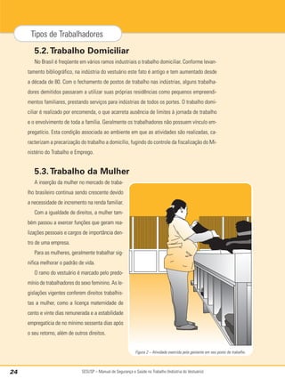 SESI/SP – Manual de Segurança e Saúde no Trabalho (Indústria do Vestuário)
24
Tipos de Trabalhadores
5.2.Trabalho Domiciliar
No Brasil é freqüente em vários ramos industriais o trabalho domiciliar. Conforme levan-
tamento bibliográfico, na indústria do vestuário este fato é antigo e tem aumentado desde
a década de 80. Com o fechamento de postos de trabalho nas indústrias, alguns trabalha-
dores demitidos passaram a utilizar suas próprias residências como pequenos empreendi-
mentos familiares, prestando serviços para indústrias de todos os portes. O trabalho domi-
ciliar é realizado por encomenda, o que acarreta ausência de limites à jornada de trabalho
e o envolvimento de toda a família. Geralmente os trabalhadores não possuem vínculo em-
pregatício. Esta condição associada ao ambiente em que as atividades são realizadas, ca-
racterizam a precarização do trabalho a domicílio, fugindo do controle da fiscalização do Mi-
nistério do Trabalho e Emprego.
5.3.Trabalho da Mulher
A inserção da mulher no mercado de traba-
lho brasileiro continua sendo crescente devido
a necessidade de incremento na renda familiar.
Com a igualdade de direitos, a mulher tam-
bém passou a exercer funções que geram rea-
lizações pessoais e cargos de importância den-
tro de uma empresa.
Para as mulheres, geralmente trabalhar sig-
nifica melhorar o padrão de vida.
O ramo do vestuário é marcado pelo predo-
mínio de trabalhadores do sexo feminino. As le-
gislações vigentes conferem direitos trabalhis-
tas a mulher, como a licença maternidade de
cento e vinte dias remunerada e a estabilidade
empregatícia de no mínimo sessenta dias após
o seu retorno, além de outros direitos.
Figura 2 – Atividade exercida pela gestante em seu posto de trabalho.
 