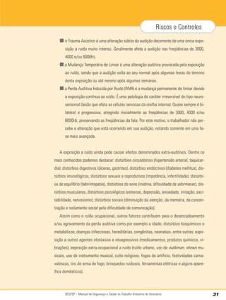 SESI/SP – Manual de Segurança e Saúde no Trabalho (Indústria do Vestuário) 31
Riscos e Controles
■ o Trauma Acústico é uma alteração súbita da audição decorrente de uma única expo-
sição a ruído muito intenso. Geralmente afeta a audição nas freqüências de 3000,
4000 e/ou 6000Hz.
■ a Mudança Temporária de Limiar é uma alteração auditiva provocada pela exposição
ao ruído, sendo que a audição volta ao seu normal após algumas horas do término
desta exposição ou até mesmo após algumas semanas.
■ a Perda Auditiva Induzida por Ruído (PAIR) é a mudança permanente de limiar devido
a exposição contínua ao ruído. É uma patologia de caráter irreversível do tipo neuro-
sensorial (lesão que afeta as células nervosas da orelha interna). Quase sempre é bi-
lateral e progressiva, atingindo inicialmente as freqüências de 3000, 4000 e/ou
6000Hz, preservando as freqüências da fala. Por este motivo, o trabalhador não per-
cebe a alteração que está ocorrendo em sua audição, notando somente em uma fa-
se mais avançada.
A exposição a ruído ainda pode causar efeitos denominados extra-auditivos. Dentre os
mais conhecidos podemos destacar: distúrbios circulatórios (hipertensão arterial, taquicar-
dia), distúrbios digestivos (úlceras, gastrites), distúrbios endócrinos (diabetes mellitus), dis-
túrbios imunológicos, distúrbios sexuais e reprodutivos (impotência, infertilidade), distúrbi-
os de equilíbrio (labirintopatia), distúrbios do sono (insônia, dificuldade de adormecer), dis-
túrbios musculares, distúrbios psicológicos (estresse, depressão, ansiedade, irritação, exci-
tabilidade, nervosismo), distúrbios sociais (diminuição da atenção, da memória, da concen-
tração e isolamento social pela dificuldade de comunicação).
Assim como o ruído ocupacional, outros fatores contribuem para o desencadeamento
e/ou agravamento da perda auditiva como por exemplo a idade; distúrbios bioquímicos e
metabólicos; doenças infecciosas, hereditárias, congênitas, neonatais, entre outras; expo-
sição a outros agentes ototóxicos e otoagressivos (medicamentos, produtos químicos, vi-
brações); exposição extra-ocupacional a ruído (ruído urbano, uso de walkman, shows mu-
sicais, uso de instrumento musical, culto religioso, fogos de artifício, festividades carna-
valescas, tiro de arma de fogo, brinquedos ruidosos, ferramentas elétricas e alguns apare-
lhos domésticos).
 