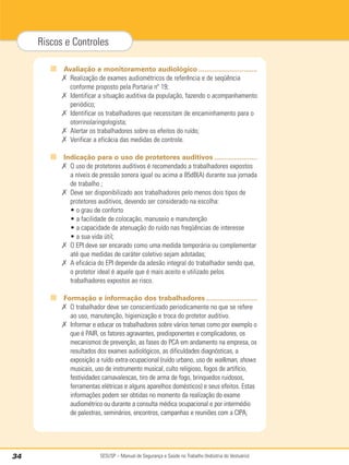 SESI/SP – Manual de Segurança e Saúde no Trabalho (Indústria do Vestuário)
34
Riscos e Controles
■ Avaliação e monitoramento audiológico ..............................
✗ Realização de exames audiométricos de referência e de seqüência
conforme proposto pela Portaria nº 19;
✗ Identificar a situação auditiva da população, fazendo o acompanhamento
periódico;
✗ Identificar os trabalhadores que necessitam de encaminhamento para o
otorrinolaringologista;
✗ Alertar os trabalhadores sobre os efeitos do ruído;
✗ Verificar a eficácia das medidas de controle.
■ Indicação para o uso de protetores auditivos ......................
✗ O uso de protetores auditivos é recomendado a trabalhadores expostos
a níveis de pressão sonora igual ou acima a 85dB(A) durante sua jornada
de trabalho ;
✗ Deve ser disponibilizado aos trabalhadores pelo menos dois tipos de
protetores auditivos, devendo ser considerado na escolha:
• o grau de conforto
• a facilidade de colocação, manuseio e manutenção
• a capacidade de atenuação do ruído nas freqüências de interesse
• a sua vida útil;
✗ O EPI deve ser encarado como uma medida temporária ou complementar
até que medidas de caráter coletivo sejam adotadas;
✗ A eficácia do EPI depende da adesão integral do trabalhador sendo que,
o protetor ideal é aquele que é mais aceito e utilizado pelos
trabalhadores expostos ao risco.
■ Formação e informação dos trabalhadores ..........................
✗ O trabalhador deve ser conscientizado periodicamente no que se refere
ao uso, manutenção, higienização e troca do protetor auditivo.
✗ Informar e educar os trabalhadores sobre vários temas como por exemplo o
que é PAIR, os fatores agravantes, predisponentes e complicadores, os
mecanismos de prevenção, as fases do PCA em andamento na empresa, os
resultados dos exames audiológicos, as dificuldades diagnósticas, a
exposição a ruído extra-ocupacional (ruído urbano, uso de walkman, shows
musicais, uso de instrumento musical, culto religioso, fogos de artifício,
festividades carnavalescas, tiro de arma de fogo, brinquedos ruidosos,
ferramentas elétricas e alguns aparelhos domésticos) e seus efeitos. Estas
informações podem ser obtidas no momento da realização do exame
audiométrico ou durante a consulta médica ocupacional e por intermédio
de palestras, seminários, encontros, campanhas e reuniões com a CIPA;
 