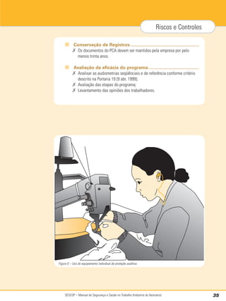 SESI/SP – Manual de Segurança e Saúde no Trabalho (Indústria do Vestuário) 35
Riscos e Controles
Figura 6 – Uso do equipamento individual de proteção auditiva
■ Conservação de Registros ......................................................
✗ Os documentos do PCA devem ser mantidos pela empresa por pelo
menos trinta anos.
■ Avaliação da eficácia do programa........................................
✗ Analisar as audiometrias seqüênciais e de referência conforme critério
descrito na Portaria 19 (9 abr. 1999);
✗ Avaliação das etapas do programa;
✗ Levantamento das opiniões dos trabalhadores.
 