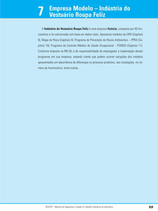 SESI/SP – Manual de Segurança e Saúde no Trabalho (Indústria do Vestuário) 59
A Indústria do Vestuário Roupa Feliz é uma empresa fictícia, composta por 95 fun-
cionários e foi estruturada com base em dados reais. Apresenta modelos da CIPA (Capítulo
8), Mapa de Risco (Capítulo 9), Programa de Prevenção de Riscos Ambientais – PPRA (Ca-
pítulo 10), Programa de Controle Médico de Saúde Ocupacional – PCMSO (Capítulo 11).
Conforme disposto na NR-28, é de responsabilidade do empregador a implantação destes
programas em sua empresa, estando ciente que podem ocorrer variações dos modelos
apresentados em decorrência de diferenças no processo produtivo, nas instalações, no nú-
mero de funcionários, entre outras.
Empresa Modelo – Indústria do
Vestuário Roupa Feliz
7
 