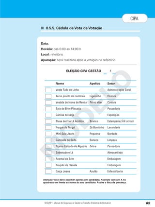 SESI/SP – Manual de Segurança e Saúde no Trabalho (Indústria do Vestuário) 69
CIPA
■ 8.5.5. Cédula de Vota de Votação
M
O
D
E
L
O
Data:
Horário: das 8:00 as 14:00 h
Local: refeitório
Apuração: será realizada após a votação no refeitório
ELEIÇÃO CIPA GESTÃO /
Nome Apelido Setor
Veste Tudo de Linho Administração Geral
Terno pronto de cambraia Ligeirinho Costura
Vestida de Noiva de Renda Pé no altar Costura
Saia de Brim Plissada Passadoria
Camisa de sarja Expedição
Blusa de Frio Lã Acrílico Branco Estamparia/Silk-screen
Fraque de Tergal Zé Bonitinho Lavanderia
Mini Saia Jeans Pequena Bordado
Camisola de Seda Soneca Limpeza
Pijama Listrado de Algodão Zebra Passadoria
Sobretudo e Lã Almoxarifado
Avental de Brim Embalagem
Roupão de Flanela Embalagem
Calça Jeans Azulão Enfesto/corte
Atenção: Você deve escolher apenas um candidato. Assinale com um X no
quadrado em frente ao nome do seu candidato. Assine a lista de presença.
ano ano
 