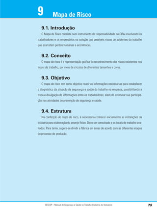 SESI/SP – Manual de Segurança e Saúde no Trabalho (Indústria do Vestuário) 79
9.1. Introdução
O Mapa de Risco consiste num instrumento de responsabilidade da CIPA envolvendo os
trabalhadores e os empresários na solução dos possíveis riscos de acidentes do trabalho
que acarretam perdas humanas e econômicas.
9.2. Conceito
O mapa de risco é a representação gráfica do reconhecimento dos riscos existentes nos
locais de trabalho, por meio de círculos de diferentes tamanhos e cores.
9.3. Objetivo
O mapa de risco tem como objetivo reunir as informações necessárias para estabelecer
o diagnóstico da situação de segurança e saúde do trabalho na empresa, possibilitando a
troca e divulgação de informações entre os trabalhadores, além de estimular sua participa-
ção nas atividades de prevenção de segurança e saúde.
9.4. Estrutura
Na confecção do mapa de risco, é necessário conhecer inicialmente as instalações da
indústria para elaboração do arranjo físico. Deve ser consultado e os locais de trabalho ava-
liados. Para tanto, sugere-se dividir a fábrica em áreas de acordo com as diferentes etapas
do processo de produção.
Mapa de Risco
9
 