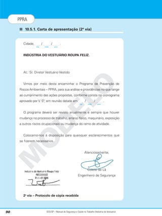 SESI/SP – Manual de Segurança e Saúde no Trabalho (Indústria do Vestuário)
90
PPRA
■ 10.5.1. Carta de apresentação (2ª via)
M
O
D
E
L
O
Cidade, / / .
INDÚSTRIA DO VESTUÁRIO ROUPA FELIZ.
At.: Sr. Diretor Vestuário Vestido
Vimos por meio desta encaminhar o Programa de Prevenção de
Riscos Ambientais – PPRA, para sua análise e providências no que tange
ao cumprimento das ações propostas, conforme consta no cronograma
aprovado por V. Sª, em reunião datada em / / .
O programa deverá ser revisto anualmente e sempre que houver
mudança no processo de trabalho, arranjo físico, maquinário, exposição
a outros riscos ocupacionais ou mudança do ramo de atividade.
Colocamo-nos à disposição para quaisquer esclarecimentos que
se fizerem necessários.
Atenciosamente,
Colete de Lã
Engenheiro de Segurança
2a
via – Protocolo de cópia recebida
dia mês ano
dia mês ano
 