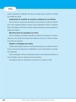 SESI/SP – Manual de Segurança e Saúde no Trabalho (Indústria do Vestuário)
94
PPRA
onando a exposição do trabalhador. Além disso, esta etapa procurou subsidiar a indicação
das medidas de controle.
Implantação de medidas de controle e avaliação de sua eficácia
Para os setores da empresa que apresentaram riscos potenciais à saúde dos trabalha-
dores, foram sugeridas medidas de controle a serem implantadas conforme o cronograma
deste. Tais medidas visam eliminar ou reduzir os agentes prejudiciais à saúde existentes no
ambiente de trabalho.
Monitoramento da exposição aos riscos
Deve ser realizada uma avaliação sistemática e repetitiva da exposição a um determi-
nado risco, com o objetivo de introduzir novas medidas de controle ou modificar as existen-
tes, sempre que necessário.
Registro e divulgação dos dados
Os dados deste programa devem ser mantidos pela empresa por um período mínimo de
20 anos, devendo estar disponível aos trabalhadores ou seus representantes e às autorida-
des competentes.
Cabe ao empregador informar os trabalhadores sobre os riscos ambientais existentes no
local de trabalho e sobre as medidas de controle necessárias.
Este programa deverá ser apresentado e discutido com os membros da CIPA.
 