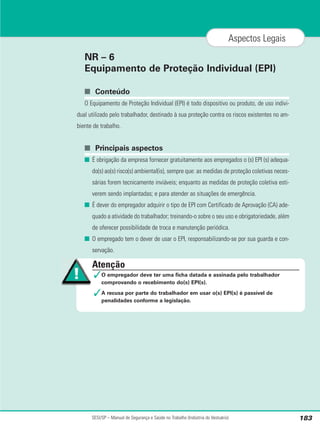 NR – 6
Equipamento de Proteção Individual (EPI)
■ Conteúdo
O Equipamento de Proteção Individual (EPI) é todo dispositivo ou produto, de uso indivi-
dual utilizado pelo trabalhador, destinado à sua proteção contra os riscos existentes no am-
biente de trabalho.
■ Principais aspectos
■ É obrigação da empresa fornecer gratuitamente aos empregados o (s) EPI (s) adequa-
do(s) ao(s) risco(s) ambiental(is), sempre que: as medidas de proteção coletivas neces-
sárias forem tecnicamente inviáveis; enquanto as medidas de proteção coletiva esti-
verem sendo implantadas; e para atender as situações de emergência.
■ É dever do empregador adquirir o tipo de EPI com Certificado de Aprovação (CA) ade-
quado a atividade do trabalhador; treinando-o sobre o seu uso e obrigatoriedade, além
de oferecer possibilidade de troca e manutenção periódica.
■ O empregado tem o dever de usar o EPI, responsabilizando-se por sua guarda e con-
servação.
SESI/SP – Manual de Segurança e Saúde no Trabalho (Indústria do Vestuário) 183
Aspectos Legais
Atenção
✓O empregador deve ter uma ficha datada e assinada pelo trabalhador
comprovando o recebimento do(s) EPI(s).
✓A recusa por parte do trabalhador em usar o(s) EPI(s) é passível de
penalidades conforme a legislação.
 