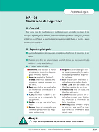 NR – 26
Sinalização de Segurança
■ Conteúdo
Esta norma trata das fixações de cores padrão que devem ser usadas nos locais de tra-
balho para a prevenção de acidentes, identificando os equipamentos de segurança, delimi-
tando áreas, identificando as canalizações empregadas para a condução de líquidos e gases,
e advertindo contra riscos.
■ Aspectos principais
■ A utilização das cores não dispensa o emprego de outras formas de prevenção de aci-
dentes.
■ O uso de cores deve ser o mais reduzido possível, afim de não ocasionar distração,
confusão e fadiga ao trabalhador.
■ As cores a serem utilizadas:
SESI/SP – Manual de Segurança e Saúde no Trabalho (Indústria do Vestuário) 205
Aspectos Legais
Atenção
✓O corpo das máquinas deve ser pintado de branco, preto ou verde.
■Vermelho para distinguir e indicar
equipamentos e aparelhos de prote-
ção e combate a incêndio.
■ Amarelo para indicar "Cuidado!".
■ Branco para indicar áreas de arma-
zenagem e zonas de segurança, en-
tre outras.
■ Preto para indicar as canalizações
de inflamáveis e combustíveis de al-
ta viscosidade.
■ Azul para indicar "Cuidado!" a avi-
sos contra uso e movimentação de
equipamentos.
■ Verde é a cor que caracteriza "segu-
rança".
■ Laranja deve ser empregado para
identificar partes móveis de máqui-
nas e equipamentos.
■ Púrpura deve ser usada para indi-
car os perigos das radiações eletro-
magnéticas penetrantes de partícu-
las nucleares.
■ Lilás deve ser usado para indicar ca-
nalizações que contenham álcalis.
■ Cinza Claro deve ser usado para
identificar canalizações em vácuo.
■ Cinza Escuro deve ser usado para
identificar eletrodutos.
■ Alumínio deve ser utilizado em ca-
nalizações contendo gases liqüefei-
tos, inflamáveis e combustíveis de
baixa viscosidade.
■ Marrom pode ser adotado, a critério
da empresa, para identificar qual-
quer fluído não identificável pelas
demais cores.
 