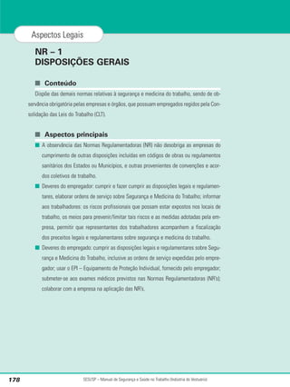 NR – 1
DISPOSIÇÕES GERAIS
■ Conteúdo
Dispõe das demais normas relativas à segurança e medicina do trabalho, sendo de ob-
servância obrigatória pelas empresas e órgãos, que possuam empregados regidos pela Con-
solidação das Leis do Trabalho (CLT).
■ Aspectos principais
■ A observância das Normas Regulamentadoras (NR) não desobriga as empresas do
cumprimento de outras disposições incluídas em códigos de obras ou regulamentos
sanitários dos Estados ou Municípios, e outras provenientes de convenções e acor-
dos coletivos de trabalho.
■ Deveres do empregador: cumprir e fazer cumprir as disposições legais e regulamen-
tares, elaborar ordens de serviço sobre Segurança e Medicina do Trabalho; informar
aos trabalhadores: os riscos profissionais que possam estar expostos nos locais de
trabalho, os meios para prevenir/limitar tais riscos e as medidas adotadas pela em-
presa, permitir que representantes dos trabalhadores acompanhem a fiscalização
dos preceitos legais e regulamentares sobre segurança e medicina do trabalho.
■ Deveres do empregado: cumprir as disposições legais e regulamentares sobre Segu-
rança e Medicina do Trabalho, inclusive as ordens de serviço expedidas pelo empre-
gador; usar o EPI – Equipamento de Proteção Individual, fornecido pelo empregador;
submeter-se aos exames médicos previstos nas Normas Regulamentadoras (NR’s);
colaborar com a empresa na aplicação das NR’s.
SESI/SP – Manual de Segurança e Saúde no Trabalho (Indústria do Vestuário)
178
Aspectos Legais
 