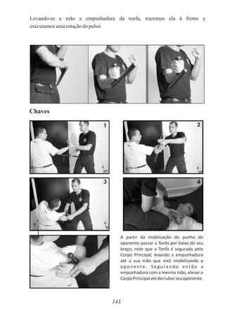 Levando-se a mão a empunhadura da tonfa, trazemos ela à frente e
executamosumarotaçãodo pulso.
143
Chaves
A partir da mobilização do punho do
oponente passar a Tonfa por baixo de seu
braço, note que a Tonfa é segurada pelo
Corpo Principal, levando a empunhadura
até a sua mão que está imobilizando o
o p o n e n t e . S e g u ra n d o e n t ã o a
empunhadura com a mesma mão, elevar o
CorpoPrincipalatéderrubarseuoponente.
 