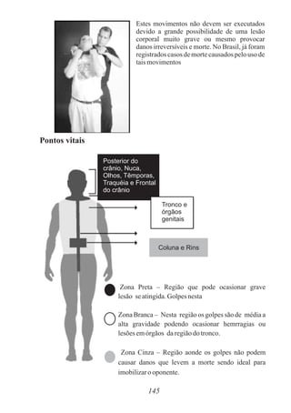 Estes movimentos não devem ser executados
devido a grande possibilidade de uma lesão
corporal muito grave ou mesmo provocar
danos irreversíveis e morte. No Brasil, já foram
registrados casos de morte causados pelo uso de
taismovimentos
145
Pontos vitais
Posterior do
crânio, Nuca,
Olhos, Têmporas,
Traquéia e Frontal
do crânio
Tronco e
órgãos
genitais
Coluna e Rins
Zona Preta – Região que pode ocasionar grave
lesão se atingida.Golpes nesta
Zona Branca – Nesta região os golpes são de média a
alta gravidade podendo ocasionar hemrragias ou
lesõesemórgãos daregiãodo tronco.
Zona Cinza – Região aonde os golpes não podem
causar danos que levem a morte sendo ideal para
imobilizarooponente.
 