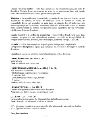23
Loucos e doentes mentais – Falta-lhes a capacidade de autodeterminação, em razão de
distúrbios. Na falta dessa, no momento da ação, ou no momento do fato, será tratado
como absolutamente incapaz, desde que assim seja provado.
Silvícolas – são considerados inimputáveis, em razão de seu desenvolvimento mental
incompleto; no entanto, os níveis de adaptação social às normas de cultura da
comunidade devem ser avaliados em cada caso. A situação dos silvícolas não tem
natureza patológica e decorrem da ausência de adaptação à vida social urbana ou mesmo
rural, à complexidade das normas ético-jurídico-sociais reguladoras da vida “civilizada”
e à diferença de escala de valores.
Coação irresistível e obediência hierárquica – Nosso Código Penal prevê essas duas
situações, às quais têm sua culpabilidade excluída, em razão da inexigibilidade de
comportamento diverso. Portanto, são causas legais, conforme o artigo 22 do CPB.
PARTÍCIPE: São duas as espécies de participação: Instigação e cumplicidade.
Instigação ou instigador: é aquele que, influencia no processo de formação de vontade
de outrem.
Cúmplice: é aquele que contribui materialmente para a prática do crime.
HOMICÍDIO SIMPLES: Art.121 CP.
Matar alguém
Pena: reclusão de seis a vinte anos
HOMICÍDIO QUALIFICADO: Art.121, § 2º do CP.
Se o homicídio é cometido:
• Mediante paga ou promessa de recompensa;
• Por motivo fútil;
• Com emprego de veneno, fogo, tortura;
• A traição.
Pena: reclusão de doze a trinta anos.
LESÃO CORPORAL:- Art. 129 CP
Ofender a integridade corporal ou a saúde de outrem.
Pena: detenção de três meses a um ano (pena base).
CALÚNIA – Art. 138 do CP
Caluniar alguém, imputando-lhe falsamente fato definido como crime:
Pena - detenção, de seis meses a dois anos, e multa.
§ 1º - Na mesma pena incorre quem, sabendo falsa a imputação, a propala ou divulga.
§ 2º - É punível a calúnia contra os mortos.
Exceção da verdade
 