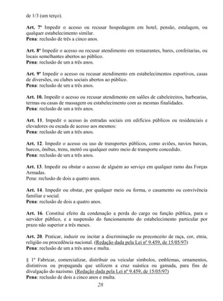 28
de 1/3 (um terço).
Art. 7º Impedir o acesso ou recusar hospedagem em hotel, pensão, estalagem, ou
qualquer estabelecimento similar.
Pena: reclusão de três a cinco anos.
Art. 8º Impedir o acesso ou recusar atendimento em restaurantes, bares, confeitarias, ou
locais semelhantes abertos ao público.
Pena: reclusão de um a três anos.
Art. 9º Impedir o acesso ou recusar atendimento em estabelecimentos esportivos, casas
de diversões, ou clubes sociais abertos ao público.
Pena: reclusão de um a três anos.
Art. 10. Impedir o acesso ou recusar atendimento em salões de cabeleireiros, barbearias,
termas ou casas de massagem ou estabelecimento com as mesmas finalidades.
Pena: reclusão de um a três anos.
Art. 11. Impedir o acesso às entradas sociais em edifícios públicos ou residenciais e
elevadores ou escada de acesso aos mesmos:
Pena: reclusão de um a três anos.
Art. 12. Impedir o acesso ou uso de transportes públicos, como aviões, navios barcas,
barcos, ônibus, trens, metrô ou qualquer outro meio de transporte concedido.
Pena: reclusão de um a três anos.
Art. 13. Impedir ou obstar o acesso de alguém ao serviço em qualquer ramo das Forças
Armadas.
Pena: reclusão de dois a quatro anos.
Art. 14. Impedir ou obstar, por qualquer meio ou forma, o casamento ou convivência
familiar e social.
Pena: reclusão de dois a quatro anos.
Art. 16. Constitui efeito da condenação a perda do cargo ou função pública, para o
servidor público, e a suspensão do funcionamento do estabelecimento particular por
prazo não superior a três meses.
Art. 20. Praticar, induzir ou incitar a discriminação ou preconceito de raça, cor, etnia,
religião ou procedência nacional. (Redação dada pela Lei nº 9.459, de 15/05/97)
Pena: reclusão de um a três anos e multa.
§ 1º Fabricar, comercializar, distribuir ou veicular símbolos, emblemas, ornamentos,
distintivos ou propaganda que utilizem a cruz suástica ou gamada, para fins de
divulgação do nazismo. (Redação dada pela Lei nº 9.459, de 15/05/97)
Pena: reclusão de dois a cinco anos e multa.
 