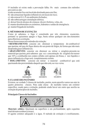 O incêndio só existe onde a prevenção falha. Os mais comuns dos métodos
preventivossão:
a)nãoacumularlixoemlocalnãodestinadoparaestefim;
b) nãoarmazenarlíquidosinflamáveisemlocaisderisco;
c) nãoestocarG.L.P.emambientesfechados;
d) nãosobrecarregarainstalaçãoelétrica;
e) deixarforado alcancedecrianças:álcool,fósforos, velas,etc.
f) manterdesobstruídos os extintores,hidrantesesaídasdeemergência.
g) manterbrigadadeincêndio.
8. MÉTODOSDE EXTINÇÃO
Como já sabemos, o fogo é constituído por três elementos essenciais,
portanto se quisermos apagar o fogo, basta retirar qualquer um dos elementos
paraobtermosaextinção.
Dessa formatemostrêsmétodosdeextinção:
• RESFRIAMENTO: consiste em diminuir a temperatura do combustível
que queima, até que ele fique abaixo do seu ponto de fulgor, de forma que não mais
desprendagases inflamáveis.
• ABAFAMENTO: consiste em diminuir ou retirar o oxigênio presente no
material que queima, pois sabemos que se a concentração de oxigênio for menor
que 16% a combustão nos corpos sólidos será apenas em brasa, e nos líquidos e
gases inflamáveiso fogoserá completamenteextinto.
• ISOLAMENTO: consiste em retirar o material combustível que está
queimandodasproximidadesdaquelequenãoestá,ou vice-versa.
9. CLASSES DE INCÊNDIO
Existem, na verdade 5 classes de incêndio, porém, nesta apostila vamos nos ater às
quatro primeiras classes. Para cada classe de incêndio temos um extintor
específico, usado para a extinção, podendo ainda haver um outro que auxilia na
extinçãodeprincípiosdeincêndio.
PrincipaisClasses de Incêndios
Materiais sólidos: Queimam na superfície e em profundidade; após a queima
totaldeixamresíduos (cinzas).
O agente extintor adequado é a água. O método de extinção é o resfriamento.
76
RESFRIAMENTO ABAFAMENTO ISOLAMENTO
 