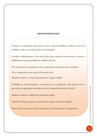 VOLUNTÁRIOS|ASSOCIAÇÃOPASSOSDEINTEGRAÇÃO
11
RESPONSABILIDADES
•Conhecer a organização onde presta serviços (a fim de trabalhar levando em conta essa
realidade social) e as tarefas que lhe forem atribuídas.
•Escolher cuidadosamente a área onde deseja atuar conforme seus interesses, objetivos e
habilidades pessoais, garantindo um trabalho eficiente.
•Ser responsável no cumprimento dos compromissos assumidos como voluntário.
•Só se comprometer com o que de fato puder fazer.
•Respeitar valores e crenças das pessoas com as quais trabalha.
•Trabalhar de forma integrada e coordenada com a organização onde presta serviço e
aproveitar as capacitações oferecidas, através de uma atitude aberta e flexível.
•Manter os assuntos confidenciais em absoluto sigilo.
•Acolher de forma receptiva a coordenação e a supervisão de seu trabalho.
•Usar de bom senso para resolver imprevistos, além de informar os responsáveis.
 