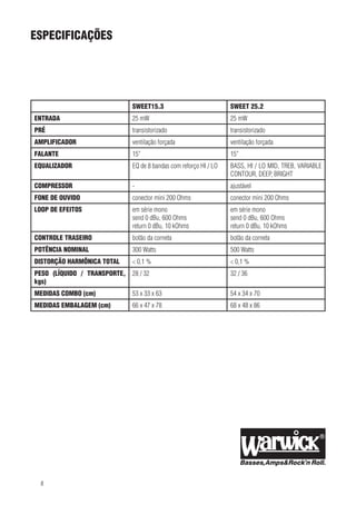 Especificações

SWEET15.3

SWEET 25.2

ENTRADA

25 mW

25 mW

PRÉ

transistorizado

transistorizado

AMPLIFICADOR

ventilação forçada

ventilação forçada

FALANTE

15”

15”

EQUALIZADOR

EQ de 8 bandas com reforço HI / LO

BASS, HI / LO MID, TREB, VARIABLE
CONTOUR, DEEP, BRIGHT

COMPRESSOR

-

ajustável

FONE DE OUVIDO

conector mini 200 Ohms

conector mini 200 Ohms

LOOP DE EFEITOS

em série mono
send 0 dBu, 600 Ohms
return 0 dBu, 10 kOhms

em série mono
send 0 dBu, 600 Ohms
return 0 dBu, 10 kOhms

CONTROLE TRASEIRO

botão da corneta

botão da corneta

POTÊNCIA NOMINAL

300 Watts

500 Watts

DISTORÇÃO HARMÔNICA TOTAL

< 0,1 %

< 0,1 %

PESO (LÍQUIDO / TRANSPORTE, 28 / 32
kgs)

32 / 36

MEDIDAS COMBO (cm)

53 x 33 x 63

54 x 34 x 70

MEDIDAS EMBALAGEM (cm)

66 x 47 x 78

68 x 48 x 86

see the new Warwick Bass Forum on www.warwick.de
pport information please refer to support@warwick.de

ipment KG • Gewerbegebiet Wohlhausen • 08258 Markneukirchen/Germany • E-Mail: info@warwick.de
ghai) Ltd., Co.•Shanghai Waigaoqiao Free Trade Zone • Shanghai 200131/P.R.China • E-Mail: info@warwick.cn
g (Manchester UK) Ltd. • 75 Bridge Street • Manchester M3 2RH / Great Britain • E-Mail: info@warwickbass.co.uk
ding (Zurich) GmbH • Kriesbachstrasse 30 • 8600 Dübendorf / Switzerland • E-Mail: info@warwick.ch
ding (Praha CZ) s.r.o. • Spálená 23/93 • 11000 Praha 1 / Czech Republic • E-Mail: info@warwick.cz
on the World Wide Web: http://www.warwick.de

8

 