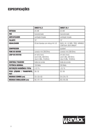 Especificações

SWEET15.2

SWEET 25.1

ENTRADA

25 mW

25 mW

PRÉ

transistorizado

transistorizado

AMPLIFICADOR

ventilação forçada

ventilação forçada

FALANTE

15”

15”

EQUALIZADOR

EQ de 8 bandas com reforço HI / LO

BASS, HI / LO MID, TREB, VARIABLE
CONTOUR, DEEP, BRIGHT

COMPRESSOR

-

ajustável

FONE DE OUVIDO

conector mini 200 Ohms

conector mini 200 Ohms

LOOP DE EFEITOS

em série mono
send 0 dBu, 600 Ohms
return 0 dBu, 10 kOhms

em série mono
send 0 dBu, 600 Ohms
return 0 dBu, 10 kOhms

CONTROLE TRASEIRO

botão da corneta

botão da corneta

POTÊNCIA NOMINAL

150 Watts

250 Watts

DISTORÇÃO HARMÔNICA TOTAL

< 0,1 %

< 0,1 %

PESO (LÍQUIDO / TRANSPORTE, 28 / 32
kgs)

32 / 36

MEDIDAS COMBO (cm)

53 x 33 x 63

54 x 34 x 70

MEDIDAS EMBALAGEM (cm)

66 x 47 x 78

68 x 48 x 86

see the new Warwick Bass Forum on www.warwick.de
pport information please refer to support@warwick.de

uipment KG • Gewerbegebiet Wohlhausen • 08258 Markneukirchen/Germany • E-Mail: info@warwick.de
ghai) Ltd., Co.•Shanghai Waigaoqiao Free Trade Zone • Shanghai 200131/P.R.China • E-Mail: info@warwick.cn
g (Manchester UK) Ltd. • 75 Bridge Street • Manchester M3 2RH / Great Britain • E-Mail: info@warwickbass.co.uk
ding (Zurich) GmbH • Kriesbachstrasse 30 • 8600 Dübendorf / Switzerland • E-Mail: info@warwick.ch
ding (Praha CZ) s.r.o. • Spálená 23/93 • 11000 Praha 1 / Czech Republic • E-Mail: info@warwick.cz
8
s on the World Wide Web: http://www.warwick.de

 