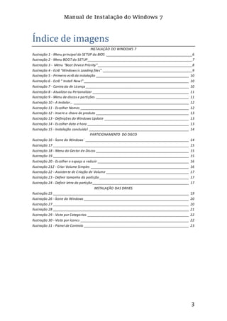 Manual de Instalação do Windows 7
3
Índice de imagens
INSTALAÇÂO DO WINDOWS 7
Ilustração 1 - Menu principal do SETUP da BIOS __________________________________________________6
Ilustração 2 - Menu BOOT do SETUP_____________________________________________________________7
Ilustração 3 - Menu “Boot Device Priority”_______________________________________________________8
Ilustração 4 - Ecrã "Windows is Loading files" ____________________________________________________9
Ilustração 5 - Primeiro ecrã da instalação ______________________________________________________ 10
Ilustração 6 - Ecrã " Install Now!" _____________________________________________________________ 10
Ilustração 7 - Contracto de Licença ____________________________________________________________ 10
Ilustração 8 - Atualizar ou Personalizar ________________________________________________________ 11
Ilustração 9 - Menu de discos e partições ______________________________________________________ 11
Ilustração 10 - A Instalar... ___________________________________________________________________ 12
Ilustração 11 - Escolher Nomes _______________________________________________________________ 12
Ilustração 12 - Inserir a chave de produto ______________________________________________________ 13
Ilustração 13 - Definições do Windows Update _________________________________________________ 13
Ilustração 14 - Escolher data e hora ___________________________________________________________ 13
Ilustração 15 - Instalação concluída! __________________________________________________________ 14
PARTICIONAMENTO DO DISCO
Ilustração 16 - Ícone do Windows´ ____________________________________________________________ 14
Ilustração 17 _______________________________________________________________________________ 15
Ilustração 18 - Menu do Gestor de Discos ______________________________________________________ 15
Ilustração 19 _______________________________________________________________________________ 15
Ilustração 20 - Escolher o espaço a reduzir _____________________________________________________ 16
Ilustração 212 - Criar Volume Simples _________________________________________________________ 16
Ilustração 22 - Assistente de Criação de Volume ________________________________________________ 17
Ilustração 23 - Definir tamanho da partição ____________________________________________________ 17
Ilustração 24 - Definir letra da partição ________________________________________________________ 17
INSTALAÇÃO DAS DRIVES
Ilustração 25 _______________________________________________________________________________ 19
Ilustração 26 - Ícone do Windows _____________________________________________________________ 20
Ilustração 27 _______________________________________________________________________________ 20
Ilustração 28 _______________________________________________________________________________ 21
Ilustração 29 - Vista por Categorias ___________________________________________________________ 22
Ilustração 30 - Vista por ícones _______________________________________________________________ 22
Ilustração 31 - Painel de Controlo _____________________________________________________________ 23
 