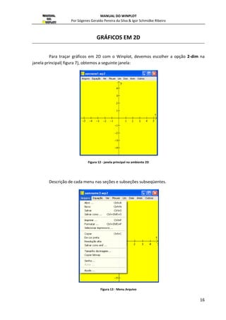 MANUAL DO WINPLOT 
Por Sógenes Geraldo Pereira da Silva  Igor Schmidke Ribeiro 
1.5.3 Funções básicas 
NO WINPLOT 
ógenes DESCRIÇÃO NA MATEMÁTICA 
abs(x) valor absoluto de x, ou módulo de x 
log(x) 
log(b,x) 
ln(x) 
exp(x) 
1.5.4 Funções trigonométricas e suas inversa 
NO WINPLOT 
sin (x) 
cos(x) 
tan(x) 
csc(x) 
sec(x) 
cot(x) 
arcsin(x) 
arccos(x) 
arctan(x) 
arccot(x) 
1.5.5 Funções hiperbólicas e suas inversas 
NO WINPLOT 
sinh(x) 
cosh(x) 
tanh(x) 
coth(x) cotangente 
argsinh(x) arco seno hiperbólico de x 
argcosh(x) arco cosseno hiperbólico de x 
argtahn(x) arco tangente hiperbólico de x 
argcoth(x) arco cotangente hiperbólico de x 
|x| 
raiz quadrada de x 
logaritmo de x na base 10 log x 
logaritmo de x na base b 
logaritmo natural de x ln x 
exponêncial de x 
.5.4 inversas 
DESCRIÇÃO NA MATEMÁTICA 
seno de x sen x 
cosseno de x cos x 
tangente de x tan x 
cossecante de x cosec x 
secante de x sec x 
cotangente de x cotan x 
arco seno de x arcsin x 
arco cosseno de x arccos x 
arco tangente de x arctan x 
arco cotangente de x arccot x 
.5.5 DESCRIÇÃO NA MATEMÁTICA 
seno hiperbólico de x sinh x 
cosseno hiperbólico de x cosh x 
tangente hiperbólico de x tanh x 
hiperbólico de x coth x 
arcsenh x 
arccosh x 
arctanh x 
arccoth x 
15 
 