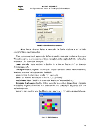 MANUAL DO WINPLOT 
Por Sógenes Geraldo Pereira da Silva  Igor Schmidke Ribeiro 
22 
2. MENU EQUAÇÃO 
Neste menu estão as ferramentas de manipulação das funções, equações, inequações 
e etc dos gráficos plotados, como mostra a figura a seguir 
Figura 20 - Menu Equação 
2.1 Explicitas... ou (F1) 
As funções Explícitas, são as mais comuns, e são da forma  