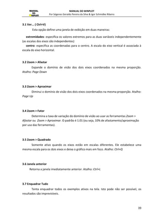 MANUAL DO WINPLOT 
Por Sógenes Geraldo Pereira da Silva  Igor Schmidke Ribeiro 
26 
Figura 25 - Inserindo uma função polar 
Nesta janela, preencha: 
: campo para inserção da função polar a ser plotada. 
t mín.: o t mínimo do o ângulo polar, o domínio padrão é de [0,2 ]; 
t máx: o x máximo do o ângulo polar; 
somente valores positivos de r: marque esta opção para desenhar apenas os valores 
positivos de ; 
espessura da linha: (padrão é 1 ) serve para engrossar a curva = f(); 
densidade de plotagem: (padrão é 1) ao aumentar a densidade dos pontos a velocidade 
de desenho do gráfico diminuirá, mas pode ser útil caso a curva pareça muito poligonal. 
colocar seta em t: marque esta opção para desenhar uma seta no ponto definido pelo 
parâmetro t; 
tamanho da seta: especifica o tamanho da seta; 
cor: serve para escolher umas das 24 cores para a curva; 
2.5 Ponto  ... 
Existem três formas de se marcar um ponto com o Winplot, em coordenadas 
cartesianas, em coordenadas polares ou a partir de uma lista como segue. 
Em (x,y)..., esta opção serve para marcar um ponto de maneira mais usual, ou seja, 
nas coordenadas cartesianas  