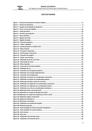 MANUAL DO WINPLOT 
Por Sógenes Geraldo Pereira da Silva  Igor Schmidke Ribeiro 
5 
LISTA DE FIGURAS 
Figura 1 - Links para download em diversas línguas ......................................................................................... 8 
Figura 2 - Janelas de download ........................................................................................................................ 9 
Figura 3 - Imagens da instalação do programa ................................................................................................. 9 
Figura 4 – Ícone na área de trabalho ...............................................................................................................10 
Figura 5 – Janela principal ...............................................................................................................................10 
Figura 6 – Interface do programa ....................................................................................................................11 
Figura 7 – Barra do Menu ................................................................................................................................11 
Figura 8 - Opções da Janela .............................................................................................................................12 
Figura 9 – Opções da Ajuda .............................................................................................................................13 
Figura 10 – Dicas do programa ........................................................................................................................13 
Figura 11 – Sobre o Winplot. ...........................................................................................................................14 
Figura 12 - janela principal no ambiente 2D ....................................................................................................16 
Figura 13 - Menu Arquivo ...............................................................................................................................16 
Figura 14 - Formatar a impressão ....................................................................................................................18 
Figura 15 - Confirmação a impressão ..............................................................................................................19 
Figura 16 - Tamanho da imagem .....................................................................................................................20 
Figura 17 - Copiar como bitmap ......................................................................................................................20 
Figura 18 - Alteração da senha e do autor .......................................................................................................21 
Figura 19 - Informação do autor ......................................................................................................................21 
Figura 20 - Menu Equação ...............................................................................................................................22 
Figura 21 – Inserindo uma função explicita .....................................................................................................23 
Figura 22 - Definição da cor .............................................................................................................................23 
Figura 23 - Inserindo uma função paramétrica ................................................................................................24 
Figura 24 - Definindo uma função implicitamente ..........................................................................................25 
Figura 25 - Inserindo uma função polar ...........................................................................................................26 
Figura 26 - Definindo um ponto em coordenadas cartesianas .........................................................................27 
Figura 27 - Definindo um ponto em coordenadas polares ...............................................................................27 
Figura 28 - Definindo ponto(s) a partir de uma lista ........................................................................................28 
Figura 29 - Definindo um segmento em coordenadas cartesianas...................................................................29 
Figura 30 - Definindo um segmento em coordenadas polares .........................................................................30 
Figura 31 - Definindo uma reta em coordenadas cartesianas ..........................................................................31 
Figura 32: Definindo pontos recursivamente ..................................................................................................31 
Figura 33: Definindo um campo de direção para ...................................................................................32 
Figura 34:Definindo um campo de direção para  e  ........................................................................33 
Figura 35: Definindo regiões sombreadas .......................................................................................................34 
Figura 36: gráfico do exemplo 2.1 ...................................................................................................................35 
Figura 37: Definindo o inventário ....................................................................................................................36 
Figura 38 - Definindo uma família de funções .................................................................................................37 
Figura 39: Atributos da grade ..........................................................................................................................40 
Figura 40 - Plano dividido por linhas de grade retangulares ............................................................................41 
Figura 41 - Plano dividido em setores polares .................................................................................................41 
Figura 42: menu mouse...................................................................................................................................42 
Figura 43: menu Um........................................................................................................................................44 
Figura 44 - Utilizando a ferramenta Traço .......................................................................................................45 
Figura 45 - Utilizando a ferramenta Zeros .......................................................................................................45 
 