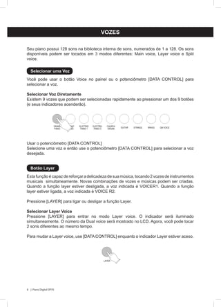 8 | Piano Digital DP70
VOZES
Seu piano possui 128 sons na biblioteca interna de sons, numerados de 1 a 128. Os sons
disponíveis podem ser tocados em 3 modos diferentes: Main voice, Layer voice e Split
voice.
Você pode usar o botão Voice no painel ou o potenciômetro [DATA CONTROL] para
selecionar a voz.
Selecionar Voz Diretamente
Existem 9 vozes que podem ser selecionadas rapidamente ao pressionar um dos 9 botões
(e seus indicadores acenderão).
Esta função é capaz de reforçar a delicadeza de sua música, tocando 2 vozes de instrumentos
musicais simultaneamente. Novas combinações de vozes e músicas podem ser criadas.
Quando a função layer estiver desligada, a voz indicada é VOICER1. Quando a função
layer estiver ligada, a voz indicada é VOICE R2.
Pressione [LAYER] para ligar ou desligar a função Layer.
Selecionar Layer Voice
Pressione [LAYER] para entrar no modo Layer voice. O indicador será iluminado
simultaneamente. O número da Dual voice será mostrado no LCD. Agora, você pode tocar
2 sons diferentes ao mesmo tempo.
Para mudar a Layer voice, use [DATA CONTROL] enquanto o indicador Layer estiver aceso.
Usar o potenciômetro [DATA CONTROL]
Selecione uma voz e então use o potenciômetro [DATA CONTROL] para selecionar a voz
desejada.
Selecionar uma Voz
Botão Layer
GRAND
PIANO
BRIGHT
PIANO
ELECTRIC
PIANO 1
ELECTRIC
PIANO 2
CHURCH
ORGAN GUITAR STRINGS BRASS GM VOICE
LAYER
 