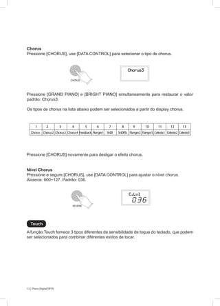 12 | Piano Digital DP70
Chorus
Pressione [CHORUS], use [DATA CONTROL] para selecionar o tipo de chorus.
Nível Chorus
Pressione e segure [CHORUS], use [DATA CONTROL] para ajustar o nível chorus.
Alcance: 000~127. Padrão: 036.
Pressione [GRAND PIANO] e [BRIGHT PIANO] simultaneamente para restaurar o valor
padrão: Chorus3.
Os tipos de chorus na lista abaixo podem ser selecionados a partir do display chorus.
Pressione [CHORUS] novamente para desligar o efeito chorus.
CHORUS
1 2 3 4 5 6 7 8 9 10 11 12 13
Chorus Chorus2 Chorus3 Chorus4 Feedback Flanger1 ShDl ShDIFb Flanger2 Flanger3 Celeste1 Celeste2 Celeste3
REVERB
A função Touch fornece 3 tipos diferentes de sensibilidade de toque do teclado, que podem
ser selecionados para combinar diferentes estilos de tocar.
Touch
 