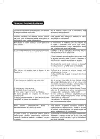 23Piano Digital DP70 |
Dicas para Possíveis Problemas
Quando o instrumento está desligado, som estalido
é temporariamente produzido.
Isto é normal e indica que o instrumento está
recebendo energia elétrica.
Quando utilizando um telefone celular, produz-
se ruído. Uso de telefone celular muito perto do
instrumento pode causar interferência.
Para prevenir isto, desligue o telefone ou use-o
bem longe do instrumento.
Nem todas as vozes soam ou o som parece ter
sido cortado.
O instrumento é polifônico até um máximo de
64 notas – incluindo Dual Voice, Split Voice,
Autoacompanhamento, Song e Metrônomo. Notas
que excedam este limite não soarão
OAutoacompanhamentonãosoaapropriadamente. Certifique-se de que a função AutoAccomp Volume
está ajustada em nível apropriado.
O Split Point está ajustado em tecla apropriada para
os acordes que você está tocando? Estabeleça o
Split Point em posição apropriada no teclado.
O indicador de acorde está mostrado no display?
Se não, pressione CHORD para ser mostrado.
Não há som no teclado, mas as luzes e a tela
funcionam.
Verifique se o controle do volume master está
selecionado no mínimo.
Verifique se há algo plugado no soquete dos fones
de ouvido.
O som das vozes muda de nota para nota. Isto é normal. A geração de tons digitais utiliza
gravações múltiplas (samples) de um instrumento
através do alcance do teclado; o som atual da voz
pode ser levemente diferente nota a nota.
O volume está muito ameno.
A qualidade de som está pobre.
O ritmo para inesperadamente ou não toca.
Os dados gravados das canções, etc. não tocam
corretamente.
O display repentinamente se torna escuro e todos
os ajustes do painel são resetados.
As baterias estão fracas ou descarregadas. Troque
todas as 6 baterias por outras completamente
novas ou utilize o adaptador AC fornecido.
Se você perdeu ou danificou o adaptador AC, por
favor, contate a loja mais próxima para a correta
substituição do adaptador.
Um adaptador AC de energia incorreto pode causar
mal funcionamento ou danos.
Para resetar completamente todos os
estabelecimentos ao padrão de fábrica.
Para retornar ao padrão de fábrica, refira-se à
seção específica deste manual. Todos os ajustes
de usuário serão apagados e o ajuste original de
fábrica será aplicado ao instrumento.
O pedal sustain ou footswitch parece produzir
efeito oposto. Exemplo: pressionando o footswitch,
desativa o sustain e soltando o footswitch, dispara
o sustain.
Apolaridade do footswitch precisa ser corretamente
detectada. Certifique-se de que o plug jack para
o footswitch está conectado. Ligue o instrumento
sem tocar no pedal.
 