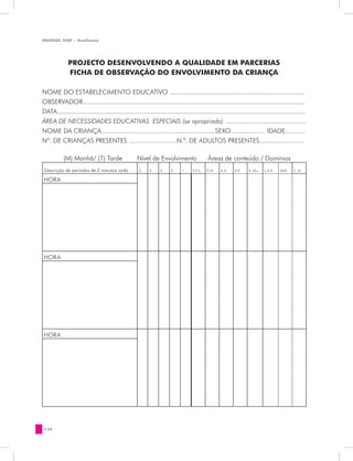 MANUAL DQP - Avaliação




               PROJECTO DESENVOLVENDO A QUALIDADE EM PARCERIAS
               FICHA DE OBSERVAÇÃO DO ENVOLVIMENTO DA CRIANÇA

NOME DO ESTABELECIMENTO EDUCATIVO ..................................................................................
OBSERVADOR.......................................................................................................................................
DATA.......................................................................................................................................................
ÁREA DE NECESSIDADES EDUCATIVAS ESPECIAIS (se apropriado) .................................................
NOME DA CRIANÇA.....................................................................SEXO..................... IDADE............
Nº. DE CRIANÇAS PRESENTES .............................N.º. DE ADULTOS PRESENTES...........................

	           (M) Manhã/ (T) Tarde                       Nível de Envolvimento                     Áreas de conteúdo / Domínios
    Descrição de períodos de 2 minutos cada             5      4     3     2      1     F.P.S.   E.M.    E.D.    E.P.    E. Mu.   L.A.E.   MAT.    C.M.

    HORA




    HORA




    HORA




134
 