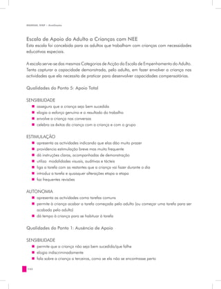 MANUAL DQP - Avaliação




Escala de Apoio do Adulto a Crianças com NEE
Esta escala foi concebida para os adultos que trabalham com crianças com necessidades
educativas especiais.

A escala serve-se das mesmas Categorias de Acção da Escala de Empenhamento do Adulto.
Tenta capturar a capacidade demonstrada, pelo adulto, em fazer envolver a criança nas
actividades que ela necessita de praticar para desenvolver capacidades compensatórias.

Qualidades do Ponto 5: Apoio Total

SENSIBILIDADE
   „„ assegura que a criança seja bem sucedida
   „„ elogia o esforço genuíno e o resultado do trabalho
   „„ envolve a criança nas conversas
   „„ celebra os êxitos da criança com a criança e com o grupo


ESTIMULAÇÃO
   „„ apresenta as actividades indicando que elas dão muito prazer
   „„ providencia estimulação breve mas muito frequente
   „„ dá instruções claras, acompanhadas de demonstração
   „„ utiliza modalidades visuais, auditivas e tácteis
   „„ liga a tarefa com as restantes que a criança vai fazer durante o dia
   „„ introduz a tarefa e quaisquer alterações etapa a etapa
   „„ faz frequentes revisões


AUTONOMIA
   „„ apresenta as actividades como tarefas comuns
   „„ permite à criança acabar a tarefa começada pelo adulto (ou começar uma tarefa para ser
      acabada pelo adulto)
   „„ dá tempo à criança para se habituar à tarefa


Qualidades do Ponto 1: Ausência de Apoio

SENSIBILIDADE
   „„ permite que a criança não seja bem sucedida/que falhe
   „„ elogia indiscriminadamente
   „„ fala sobre a criança a terceiros, como se ela não se encontrasse perto

142
 