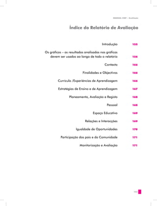 MANUAL DQP - Avaliação




                    Índice do Relatório de Avaliação


	                                          Introdução 	           155


	   Os gráficos – os resultados analisados nos gráficos
	      devem ser usados ao longo de todo o relatório 	            156


	                                           Contexto	             166


	                            Finalidades e Objectivos 	           166


	           Currículo /Experiências de Aprendizagem	              166


	            Estratégias de Ensino e de Aprendizagem 	            167


	                   Planeamento, Avaliação e Registo	             168


	                                             Pessoal	            168


	                                   Espaço Educativo	             169


	                              Relações e Interacções	            169


	                        Igualdade de Oportunidades	              170


	             Participação dos pais e da Comunidade	              171


	                          Monitorização e Avaliação	             171




                                                                    153
 