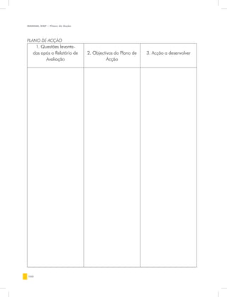 MANUAL DQP - Plano de Acção




PLANO DE ACÇÃO
    1. Questões levanta-
   das após o Relatório de    2. Objectivos do Plano de   3. Acção a desenvolver
         Avaliação                      Acção




180
 