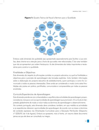 MANUAL DQP - Parte 1




              Figura 1: Quadro Teórico de Pascal e Bertram para a Qualidade




Embora cada dimensão de qualidade seja apresentada separadamente para facilitar a sua aná-
lise, deve chamar-se a atenção para o facto de que estão inter-relacionadas. É de notar também
que não se apresentam por ordem hierárquica. As dez dimensões são todas importantes e neces-
sárias para construir a qualidade.


Finalidades e Objectivos
Esta dimensão diz respeito às afirmações contidas no projecto educativo no qual as finalidades e
objectivos para a provisão da aprendizagem são tornadas explícitas. Inclui também informação
sobre a elaboração do projecto educativo de estabelecimento, quem participou e como foi co-
municado a todas as pessoas interessadas. Deve ainda ser considerado o modo como estas fina-
lidades são postas em prática, partilhadas, comunicadas e compreendidas por todas as pessoas
envolvidas.


Currículo/Experiências de Aprendizagem
Esta dimensão prende-se com a diversidade e o equilíbrio das actividades de aprendizagem propor-
cionadas às crianças e com as oportunidades de aprendizagem que promovem. O currículo é inter-
pretado globalmente de modo a incluir todos os domínios de aprendizagem e desenvolvimento.
No contexto português, esta dimensão deve considerar, também, em que medida as actividades
e as experiências oferecem oportunidades de aprendizagem de acordo com as áreas e domínios
de conteúdo expressos nas Orientações Curriculares para a Educação Pré-Escolar (Despacho
nº 5220/97, de 4 de Agosto). Embora se apresente, mais à frente, um resumo deste documento
pensa-se que ele deve ser consultado na íntegra.

                                                                                              37
 