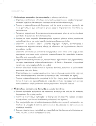 MANUAL DQP - Parte 1




2 - No âmbito da expressão e da comunicação, o educador de infância:
   a.	 Organiza um ambiente de estimulação comunicativa, proporcionando a cada criança opor-
       tunidades específicas de interacção com os adultos e com as outras crianças;
   b.	 Promove o desenvolvimento da linguagem oral de todas as crianças, atendendo, de
       modo particular, às que pertencem a grupos social e linguisticamente minoritários ou
       desfavorecidos;
   c.	 Favorece o aparecimento de comportamentos emergentes de leitura e escrita, através de
       actividades de exploração de materiais escritos;
   d.	 Promove, de forma integrada, diferentes tipos de expressão (plástica, musical, dramática e
       motora) inserindo-os nas várias experiências de aprendizagem curricular;
   e.	 Desenvolve a expressão plástica utilizando linguagens múltiplas, bidimensionais e
       tridimensionais, enquanto meios de relação, de informação, de fruição estética e de com-
       preensão do mundo;
   f.	 Desenvolve actividades que permitam à criança produzir sons e ritmos com o corpo, a voz e
       instrumentos musicais ou outros e possibilita o desenvolvimento das capacidades de escuta,
       de análise e de apreciação musical;
   g.	 Organiza actividades e projectos que, nos domínios do jogo simbólico e do jogo dramático,
       permitam a expressão e o desenvolvimento motor, de forma a desenvolver a capacidade
       narrativa e a comunicação verbal e não verbal;
   h.	 Promove o recurso a diversas formas de expressão dramática, explorando as possibilidades
       técnicas de cada uma destas;
   i.	 Organiza jogos, com regras progressivamente mais complexas, proporcionando o controlo
       motor na actividade lúdica, bem como a socialização pelo cumprimento das regras;
   j.	 Promove o desenvolvimento da motricidade global das crianças, tendo em conta diferentes
       formas de locomoção e possibilidades do corpo, da orientação no espaço, bem como da
       motricidade fina e ampla, permitindo à criança aprender a manipular objectos.


3 - No âmbito do conhecimento do mundo, o educador de infância:
   a.	 Promove actividades exploratórias de observação e descrição de atributos dos materiais,
       das pessoas e dos acontecimentos;
   b.	 Incentiva a observação, a exploração e a descrição de relações entre objectos, pessoas e
       acontecimentos, com recurso à representação corporal, oral e gráfica;
   c.	 Cria oportunidades para a exploração das quantidades, com recurso à comparação e es-
       timativa e à utilização de sistemas convencionais e de processos não convencionais de
       numeração e medida;
   d.	 Estimula, nas crianças, a curiosidade e a capacidade de identificar características das ver-
       tentes natural e social da realidade envolvente;

44
 