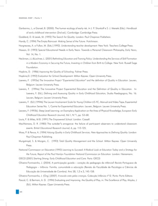 MANUAL DQP - Parte 1




Garbarino, J., e Ganzel, B. (2000). The human ecology of early risk. In J. P. Shonkoff e S. J. Meisels (Eds.). Handbook
       of early childhood intervention (2nd ed.). Cambridge: Cambridge Press.
Goddard, D. & Leask, M. (1992) The Search for Quality. London: Paul Chapman Publishers.
Handy, C. (1994) The Empty Raincoat: Making Sense of the Future. Hutchinson.
Hargreaves, A. e Fullan, M. (Eds.) (1992). Understanding teacher development. New York: Teachers College Press.
Hassan, D. (1993) Special Educational Needs in Early Years: Towards a Personal Classroom Philosophy, Early Years,
       Vol. 14, No. 1.
Heckman, J.J.&Lochner, L. (2001) Rethinking Education and Training Policy: Understanding the Services of Skill Formation
       in a Modern Economy in Securing the Future, Investing in Children from Birth to College. New York: Russell Sage
       Foundation.
Hopkins, D. (1986) Improving the Quality of Schooling. Falmer Press.
Hopkins,D. (1992) Evaluation for School Development. Milton Keynes: Open University Press.
Laevers, F. (1993a) The Innovative Project “Experiential Education” and the definition of Quality in Education. Leuven,
       Belgium: Leuven University Press.
Laevers, F. (1994a) The Innovative Project Experiential Education and the Definition of Quality in Education. In:
       Laevers, F. (Ed.), Defining and Assessing Quality in Early Childhood Education, Studia Paedagogica, No. 16.
       Leuven, Belgium: Leuven University Press.
Laevers, F. (Ed.) (1994b) The Leuven Involvement Scale for Young Children LIS-YC, Manual and Video Tape, Experiential
       Education Series No. 1, Centre for Experiential Education. Leuven, Belgium: Leuven University Press.
Leavers, F. (1993b). Deep Level Learning: an Examplary Application on the Area of Physical Knowledge, European Early
       Childhood Education Research Journal, Vol.1, N.º1, pp. 53-68.
Louis, F. & Miles, M.B. (1991) The Empowered School. London: Cassell.
MacNamara, D. R. (1980) The outsider”s arrogance: the failure of participant observers to understand classroom
       events. British Educational Research Journal, 6, pp. 113-125.
Moss, P. & Pence, A. (1994) Valuing Quality in Early Childhood Services. New Approaches to Defining Quality. London:
       Paul Chapman Publishing.
Murgatroyd, S. & Morgan, C. (1993) Total Quality Management and the School. Milton Keynes: Open University
       Press.
National Commission on Education (1993) Learning to Succeed: A Radical Look at Education Today and a Strategy for
       the Future, Report of the Paul Hamlyn Foundation National Commission on Education. London: Heinemann.
OECD (2001) Starting Strong: Early Childhood Education and Care. Paris: OECD
Oliveira-Formosinho, J. (2004). A participação guiada – coração da pedagogia da infância? Revista Portuguesa de
       Pedagogia – Infância: Família, comunidade e educação (Revista da Faculdade de Psicologia e Ciências de
       Educação da Universidade de Coimbra). Ano 38, 1,2 e 3, 145-158.
Oliveira-Formosinho, J. (Org.) (2007). A escola vista pelas crianças. Colecção Infância nº12. Porto: Porto Editora.
Pascal, C. & Bertram, A. D. (1994) Evaluating and Improving the Quality of Play, in: The Excellence of Play, Moyles, J
       (Ed.). Milton Keynes: Open University Press.


60
 