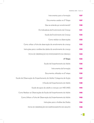 MANUAL DQP - Parte 2



	                                             Instrumentos para a formação	            127


	                                          Documentos usados na 5ª Etapa	              127


	                                        Que se entende por envolvimento?	             128


	                               Os Indicadores de Envolvimento da Criança	             131


	                                        Escala de Envolvimento da Criança	            132


	                                             Como realizar as observações	            132


	            Como utilizar a ficha de observação do envolvimento da criança	           132


	            Instruções para a análise dos dados do envolvimento da criança	           133


	                  FICHA DE OBSERVAÇÃO DO ENVOLVIMENTO DA CRIANÇA	                     134


	                                                                 6ª Etapa	            135


	                                       Escala de Empenhamento do Adulto	              135


	                                                 Instrumentos de formação	            135


	                                        Documentos utilizados na 6ª etapa	            135


	   Escala de Observação do Empenhamento do Adulto/ Categorias de Acção	               137


	                                     A Escala de Empenhamento do Adulto	              138


	                      Escala de apoio do adulto a crianças com NEE (NEE)	             142


	      Como Realizar as Observações da Escala de Empenhamento do Adulto	               145


	         Como Utilizar a Ficha de Observação do Empenhamento do Adulto	               145


	                                       Instruções para a Análise dos Dados	           146


	                 FICHA DE OBSERVAÇÃO DO EMPENHAMENTO DO ADULTO	                       148



                                                                                          65
 