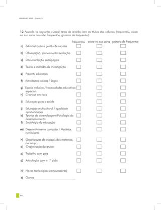 MANUAL DQP - Parte 2




10. Assinale os seguintes cursos/ te as de acordo com os títulos das colunas (frequentou, existe
                                   m
na sua zona mas não frequentou, gostaria de frequentar):

                                           frequentou existe na sua zona gostaria de frequentar
 a) Administração e gestão de escolas

 b) Observação, planeamento avaliação

 c) Documentação pedagógica

 d) Teoria e métodos de investigação

 e) Projecto educativo

 f) Actividades lúdicas / Jogos

 g) Escola inclusiva / Necessidades educativas
    especiais
 h) Crianças em risco

 i)   Educação para a saúde

 j) Educação multicultural / Igualdade
    oportunidades
 k) Teorias da aprendizagem/Psicologia do
    desenvolvimento
 l) Sociologia da educação

m) Desenvolvimento curricular / Modelos
   curriculares

 n) Organização do espaço, dos materiais,
    do tempo
 o) Organização do grupo

 p) Trabalho com pais

 q) Articulação com o 1º ciclo


 r)   Novas tecnologias (computadores)

 s) Outros_____________________________




96
 
