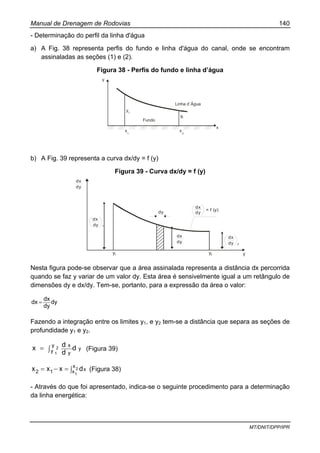 Manual de Drenagem de Rodovias 140
MT/DNIT/DPP/IPR
- Determinação do perfil da linha d'água
a) A Fig. 38 representa perfis do fundo e linha d'água do canal, onde se encontram
assinaladas as seções (1) e (2).
Figura 38 - Perfis do fundo e linha d’água
b) A Fig. 39 representa a curva dx/dy = f (y)
Figura 39 - Curva dx/dy = f (y)
dx
dy
dx
dy
dx
dy
= f (y)
dx
dy 1
dx
dy 2
dy
y1 y2 y
Nesta figura pode-se observar que a área assinalada representa a distância dx percorrida
quando se faz y variar de um valor dy. Esta área é sensivelmente igual a um retângulo de
dimensões dy e dx/dy. Tem-se, portanto, para a expressão da área o valor:
dy
dy
dx
dx =
Fazendo a integração entre os limites y1, e y2 tem-se a distância que separa as seções de
profundidade y1 e y2.
y
y
y y
x
d
d
dx 2
1
∫= (Figura 39)
∫=−= 2
1
x
x x12 dxxx (Figura 38)
- Através do que foi apresentado, indica-se o seguinte procedimento para a determinação
da linha energética:
x
y1
y
2
x
1
x
2
Fundo
Linha d´Água
y
 