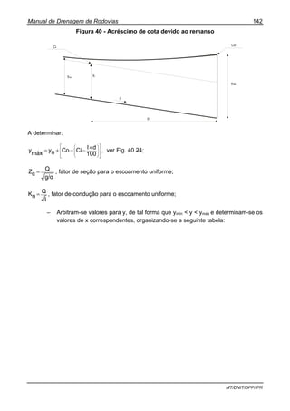 Manual de Drenagem de Rodovias 142
MT/DNIT/DPP/IPR
Figura 40 - Acréscimo de cota devido ao remanso
Ci
ymin
yn
I
d
ymax
Co
A determinar:
⎥
⎥
⎦
⎤
⎢
⎢
⎣
⎡
⎟
⎟
⎠
⎞
⎜
⎜
⎝
⎛ ×−−+=
100
dICiCony
máx
y , ver Fig. 40 21;
g/α
Q
cZ = , fator de seção para o escoamento uniforme;
I
Q
nK = , fator de condução para o escoamento uniforme;
– Arbitram-se valores para y, de tal forma que ymín < y < ymáx e determinam-se os
valores de x correspondentes, organizando-se a seguinte tabela:
 