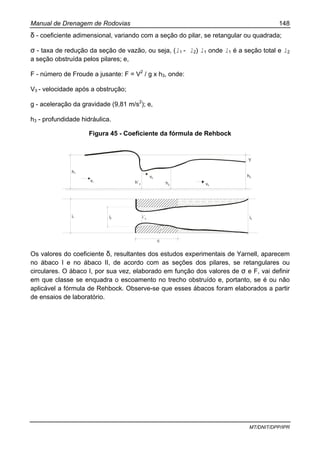 Manual de Drenagem de Rodovias 148
MT/DNIT/DPP/IPR
δ - coeficiente adimensional, variando com a seção do pilar, se retangular ou quadrada;
σ - taxa de redução da seção de vazão, ou seja, (l1 - l2) l1 onde l1 é a seção total e l2
a seção obstruída pelos pilares; e,
F - número de Froude a jusante: F = V2
/ g x h3, onde:
V3 - velocidade após a obstrução;
g - aceleração da gravidade (9,81 m/s2
); e,
h3 - profundidade hidráulica.
Figura 45 - Coeficiente da fórmula de Rehbock
h1
v1 h´2 h2
v2
v3
Y
h3
i1 i2 i´2
i
c
i3
Os valores do coeficiente δ, resultantes dos estudos experimentais de Yarnell, aparecem
no ábaco I e no ábaco II, de acordo com as seções dos pilares, se retangulares ou
circulares. O ábaco I, por sua vez, elaborado em função dos valores de σ e F, vai definir
em que classe se enquadra o escoamento no trecho obstruído e, portanto, se é ou não
aplicável a fórmula de Rehbock. Observe-se que esses ábacos foram elaborados a partir
de ensaios de laboratório.
 