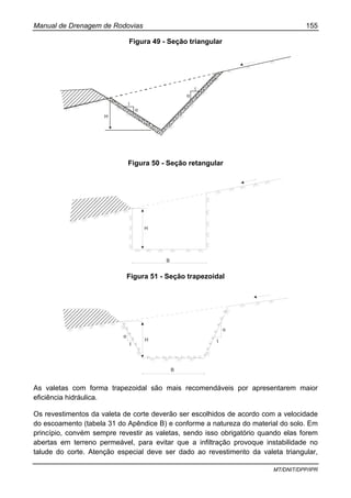 Manual de Drenagem de Rodovias 155
MT/DNIT/DPP/IPR
Figura 49 - Seção triangular
H
l
α
l
α
Figura 50 - Seção retangular
H
B
Figura 51 - Seção trapezoidal
H
B
I
α
α
I
As valetas com forma trapezoidal são mais recomendáveis por apresentarem maior
eficiência hidráulica.
Os revestimentos da valeta de corte deverão ser escolhidos de acordo com a velocidade
do escoamento (tabela 31 do Apêndice B) e conforme a natureza do material do solo. Em
princípio, convém sempre revestir as valetas, sendo isso obrigatório quando elas forem
abertas em terreno permeável, para evitar que a infiltração provoque instabilidade no
talude do corte. Atenção especial deve ser dado ao revestimento da valeta triangular,
 