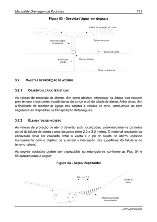 Manual de Drenagem de Rodovias 161
MT/DNIT/DPP/IPR
Figura 53 - Descida d’água em degraus
Bueiro de
greide
Caixa coletora
Semi - plataforma
Sarjeta de corte
Descida d´água
em degraus
Talude de corte
Valeta de proteção de corte
3.2 VALETAS DE PROTEÇÃO DE ATERRO
3.2.1 OBJETIVO E CARACTERÍSTICAS
As valetas de proteção de aterros têm como objetivo interceptar as águas que escoam
pelo terreno a montante, impedindo-as de atingir o pé do talude de aterro. Além disso, têm
a finalidade de receber as águas das sarjetas e valetas de corte, conduzindo -as com
segurança ao dispositivo de transposição de talvegues.
3.2.2 ELEMENTOS DE PROJETO
As valetas de proteção de aterro deverão estar localizadas, aproximadamente paralelas
ao pé do talude de aterro a uma distancia entre 2,0 e 3,0 metros. O material resultante da
escavação deve ser colocado entre a valeta e o pé do talude de aterro, apiloado
manualmente com o objetivo de suavizar a interseção das superfícies do talude e do
terreno natural.
As seções adotadas podem ser trapezoidais ou retangulares, conforme as Figs. 54 e
55,apresentadas a seguir:
Figura 54 - Seção trapezoidal
a
b a
bh
2,0 < d < 3,0
Talude de
aterro
Material apiloado
manualmente
 