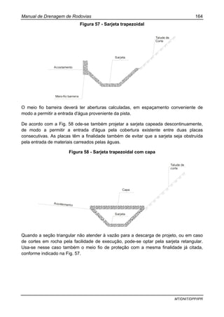 Manual de Drenagem de Rodovias 164
MT/DNIT/DPP/IPR
Figura 57 - Sarjeta trapezoidal
Acostamento
Meio-fio barreira
Sarjeta
Talude de
Corte
O meio fio barreira deverá ter aberturas calculadas, em espaçamento conveniente de
modo a permitir a entrada d'água proveniente da pista.
De acordo com a Fig. 58 ode-se também projetar a sarjeta capeada descontinuamente,
de modo a permitir a entrada d'água pela cobertura existente entre duas placas
consecutivas. As placas têm a finalidade também de evitar que a sarjeta seja obstruída
pela entrada de materiais carreados pelas águas.
Figura 58 - Sarjeta trapezoidal com capa
Acostamento
Capa
Sarjeta
Talude de
corte
Quando a seção triangular não atender à vazão para a descarga de projeto, ou em caso
de cortes em rocha pela facilidade de execução, pode-se optar pela sarjeta retangular.
Usa-se nesse caso também o meio fio de proteção com a mesma finalidade já citada,
conforme indicado na Fig. 57.
 